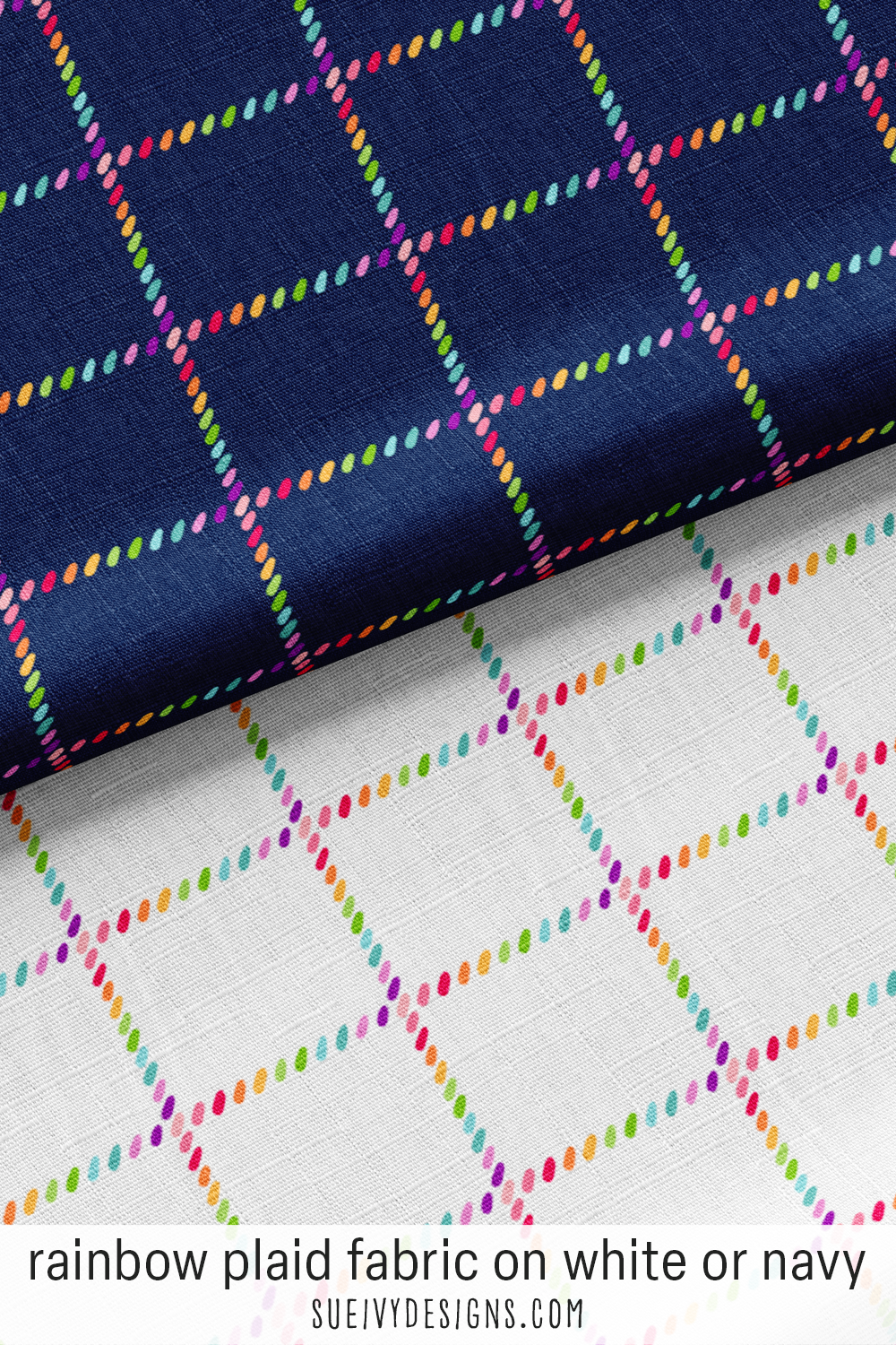 Rainbow plaid fabric on white and navy, multicolor stitch-marked tattersall — a colorful quilting blender.