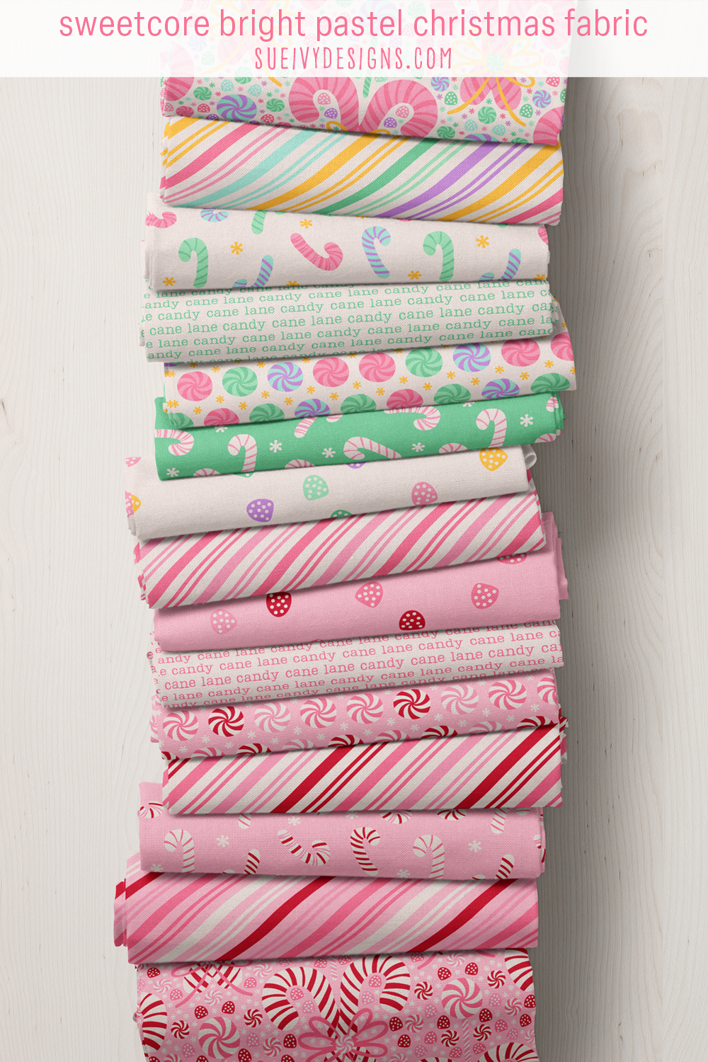 Bright pastel Christmas fabric from Candy Cane Lane — candy canes, stripes, and peppermints in sweetcore pinks and mints.