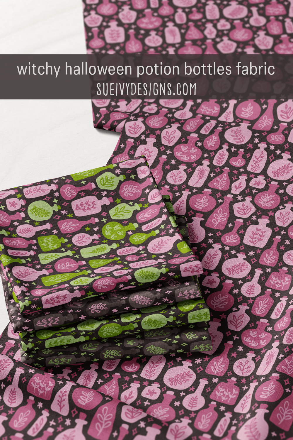 Potion bottles with botanical labels in green and raspberry purple, folded bolts — quilting fabric.
