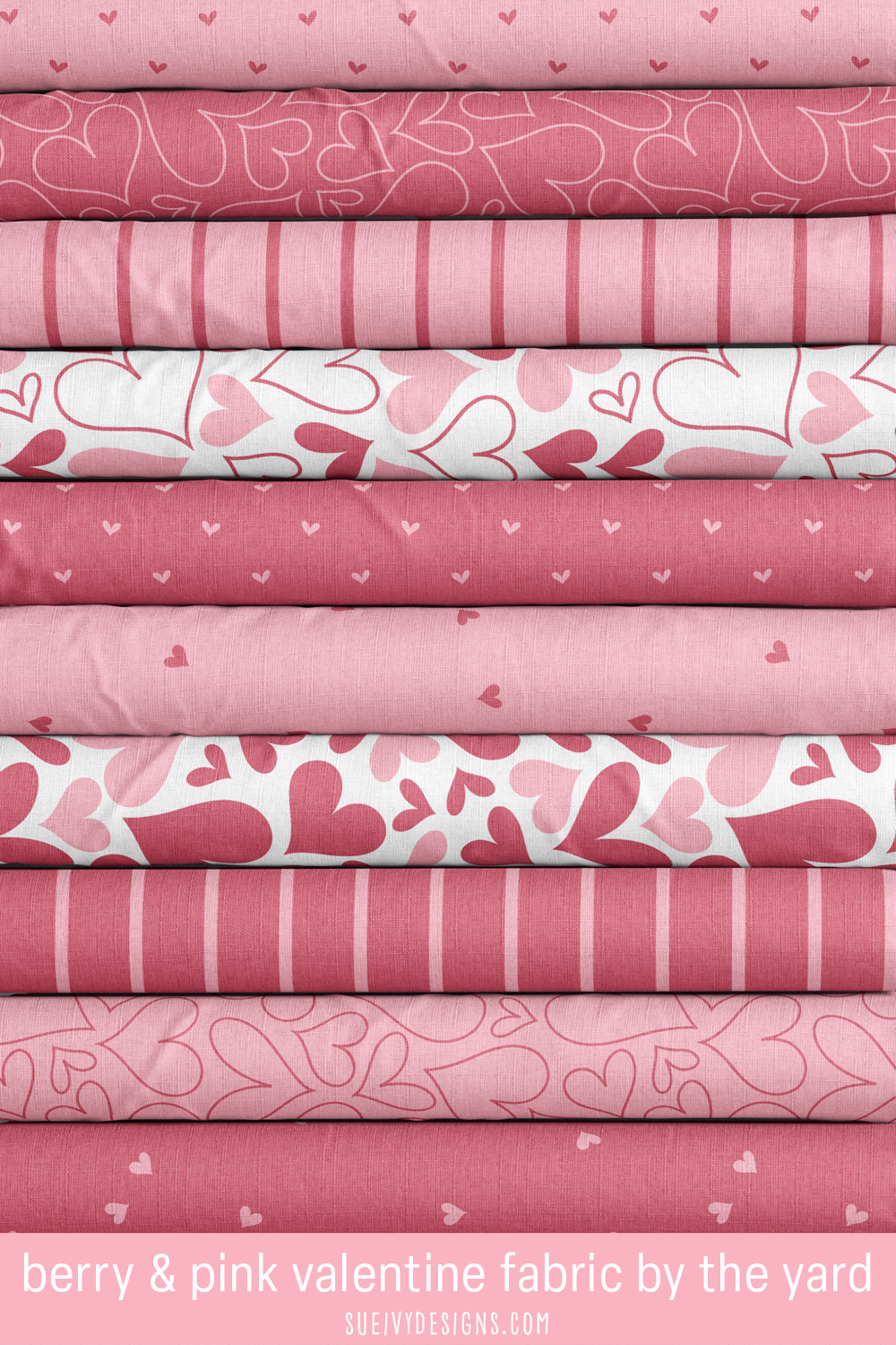 A stack of ten heart and stripe prints in berry pink and light pink, for a two-tone Valentine quilt.