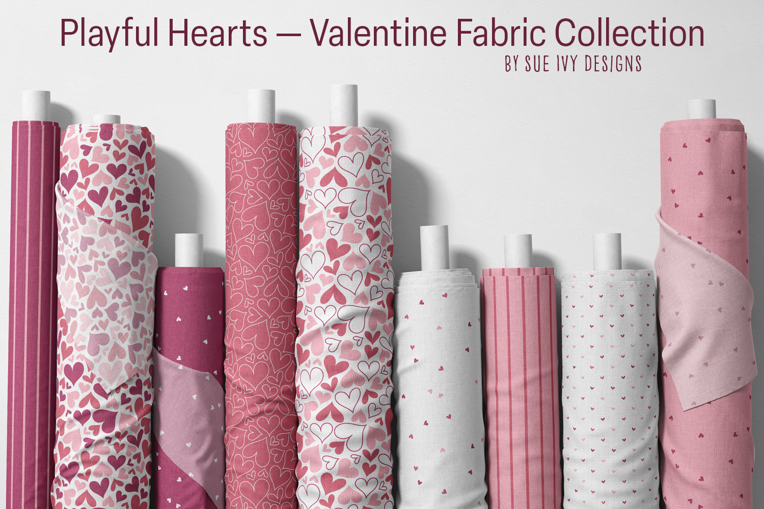 Solid, outline, scattered, and tiny hearts with thin stripes, nine rolls in berry pinks for a patchwork Valentine quilt.