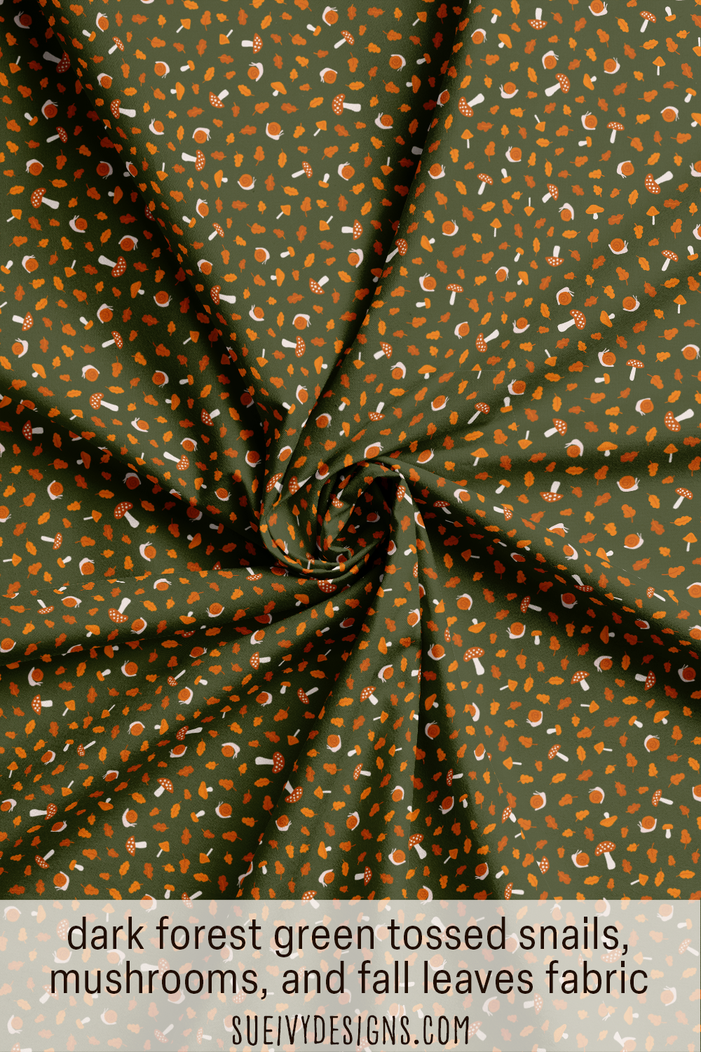Dark forest green tossed snails, mushrooms, and fall leaves quilting fabric from the Snails & Mushrooms autumn collection by Sue Ivy Designs.
