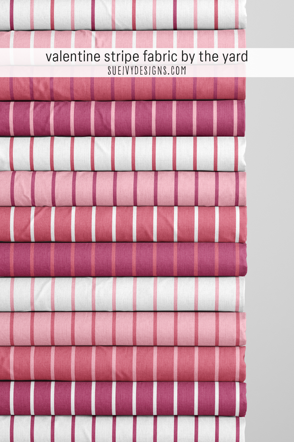 Stacked stripes in all thirteen colorways, from light pink on white to berry pink on raspberry purple, for fabric stash building.
