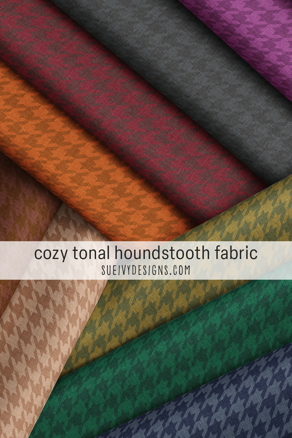 Houndstooth fabric in nine cozy colorways, from forest green to terracotta to charcoal — large-scale quilting and home decor fabric