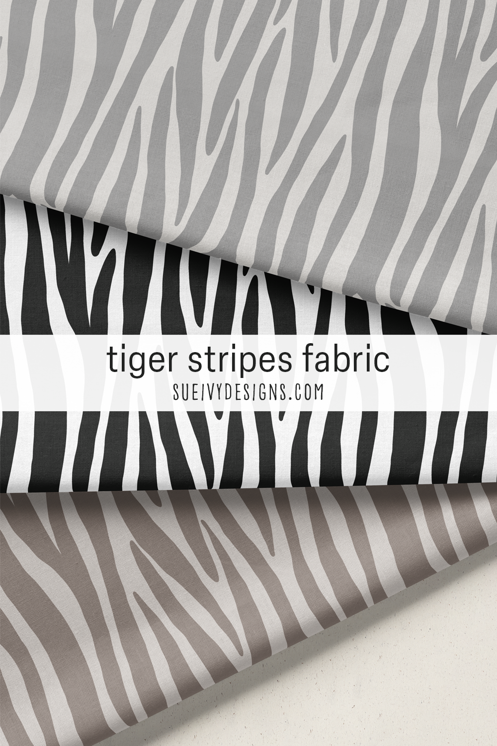 Tiger stripes fabric in three neutral colorways — black and white, gray, and taupe — animal print for garment sewing.