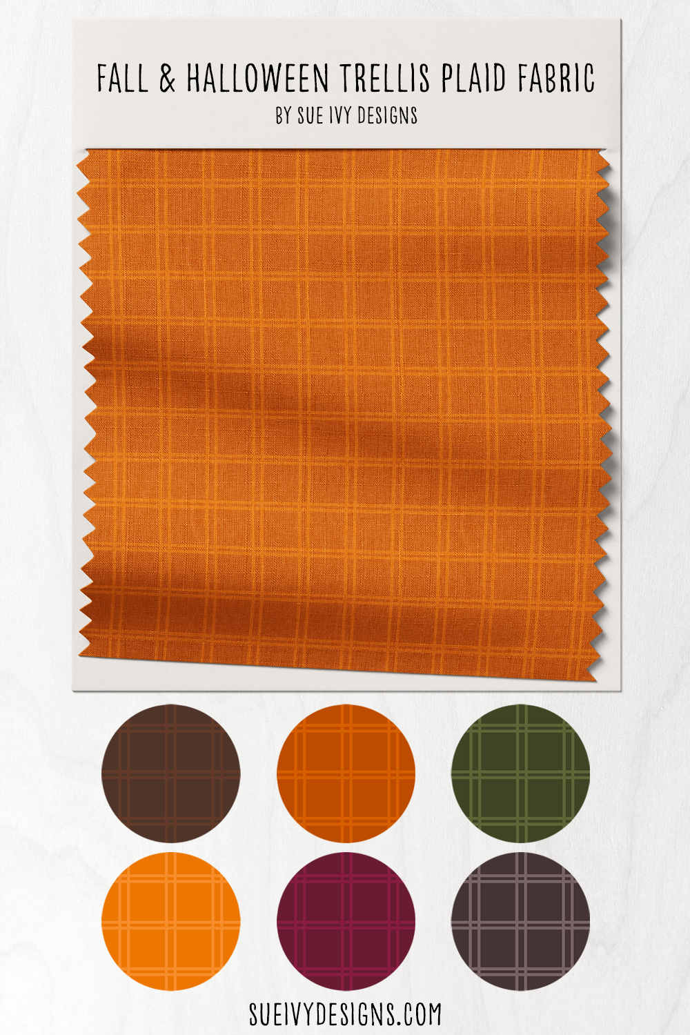 Fall and Halloween trellis plaid quilting fabric from the Snails & Mushrooms collection by Sue Ivy Designs, a woven-look plaid blender with its autumn & Halloween colorway options.