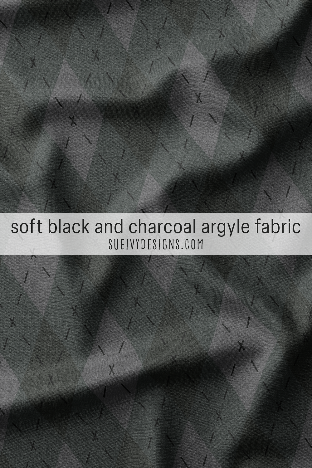 Soft black and charcoal argyle, crinkled to catch the light — a moody heritage geometric for garment sewing.
