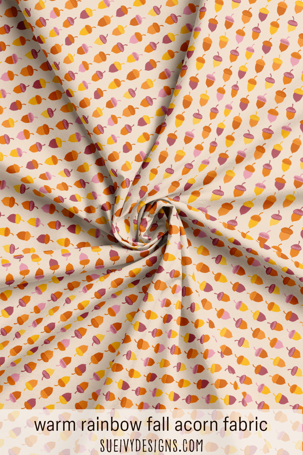 Acorn print fabric from the Autumn Rainbows collection by Sue Ivy Designs in a warm rainbow colorway on warm cream.