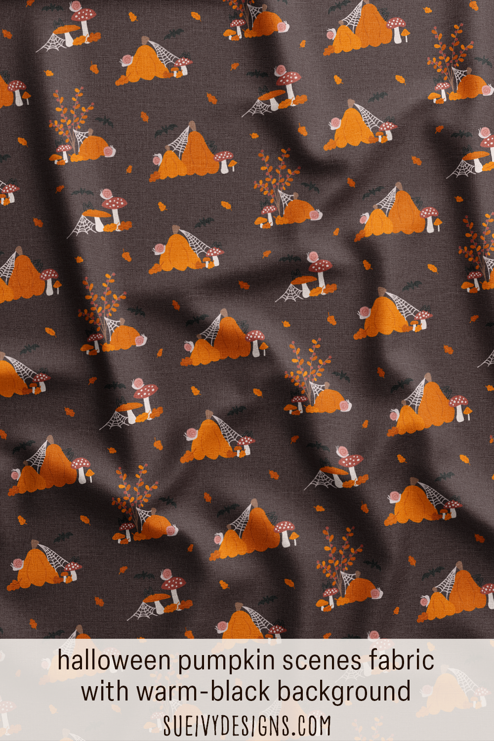 Halloween pumpkin scenes quilting fabric in warm black from the Snails & Mushrooms collection by Sue Ivy Designs, with pumpkins, snails, mushrooms, spiders, webs, and bats.