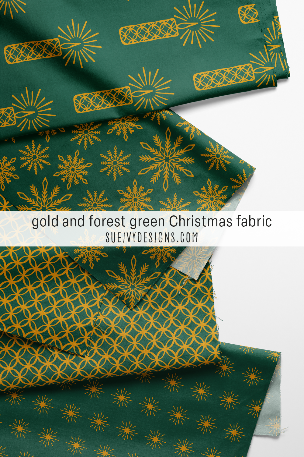 All four Silent Night prints in forest green, gold linework on a deep bottle-green ground — a coordinating set for a Christmas quilt.