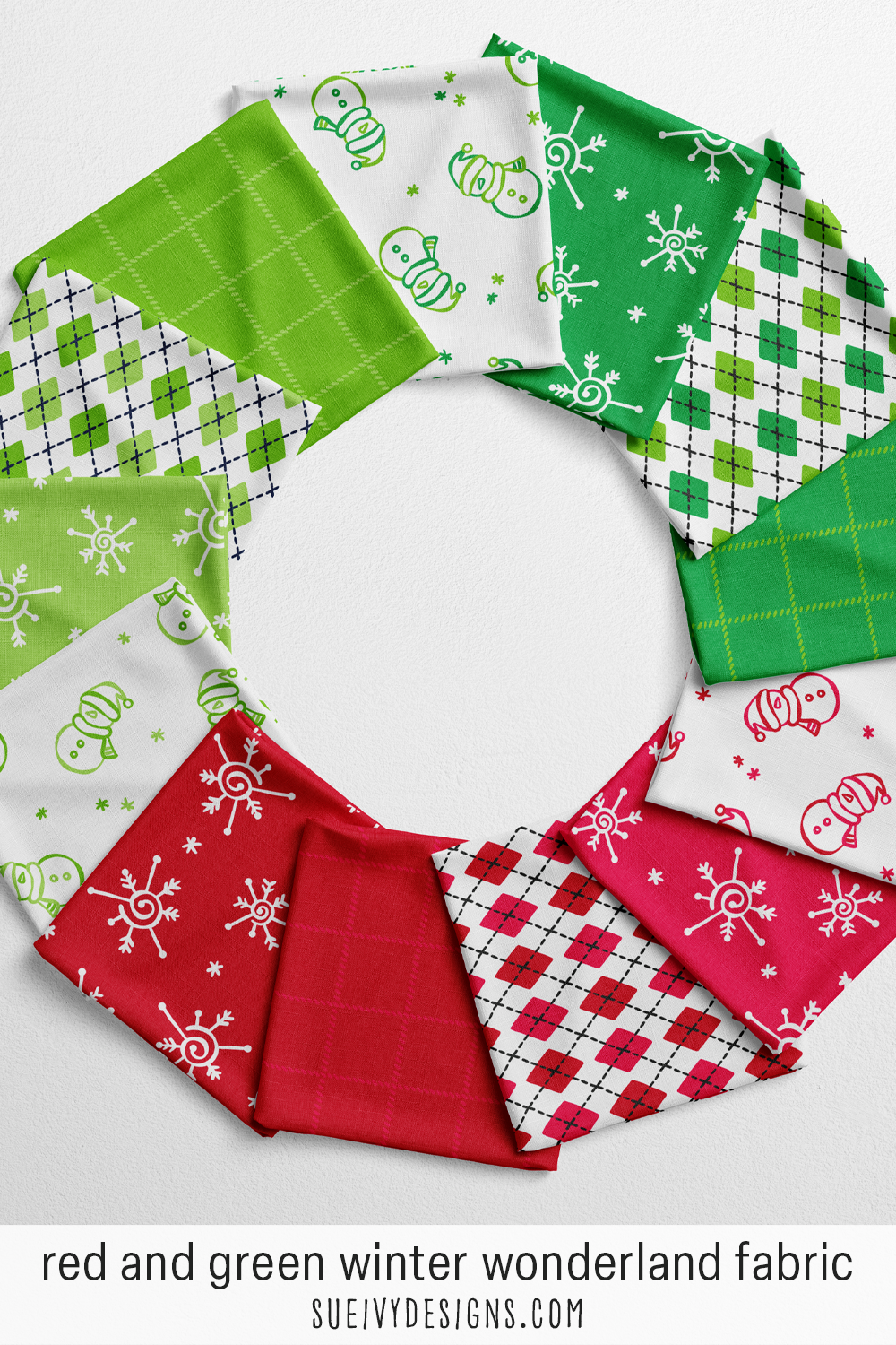 Red and green Christmas fabric by the yard — cherry red and bright Christmas green Winter Wonderland prints in a fat-quarter wreath.