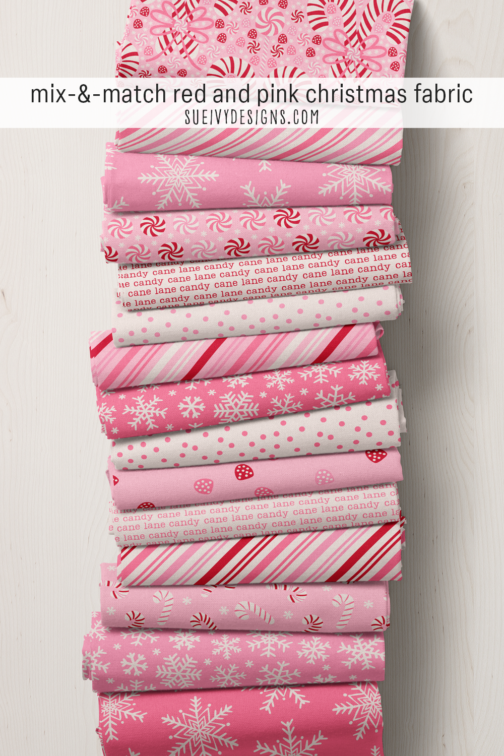 Christmas candies, stripes, and snowflakes in red, pink, and cream, for pinkmas and sweet winter sewing.