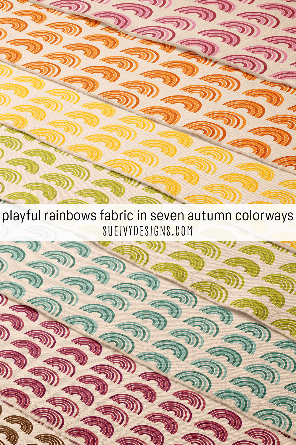 Five-stripe rainbows on warm cream in seven fall colorways, pink through brown — a whole scrappy palette for stash building.