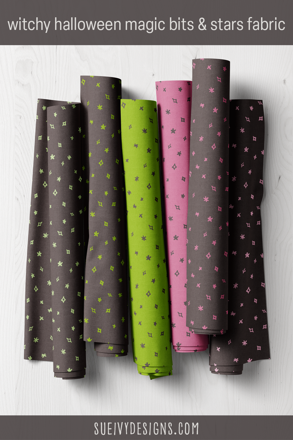 Scattered stars, crosses, and magic bits in six colorways — four on black, two black on green or raspberry purple — blender fabric.