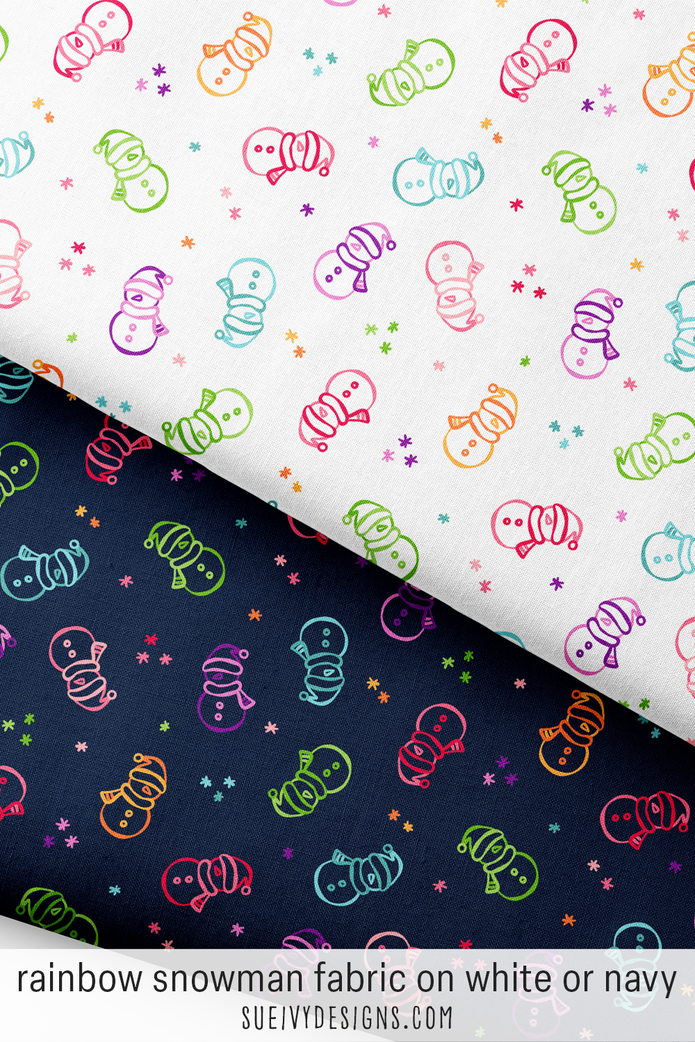 Doodled snowman fabric in rainbow multicolor, shown on white and on navy — a whimsical winter quilting print.