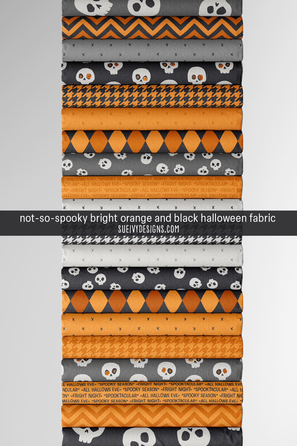 Spooktacular's bright orange and black colorway — quirky skulls, chevron, harlequin, houndstooth, and 'spooky season' text print in a not-so-spooky Halloween quilting sampler.