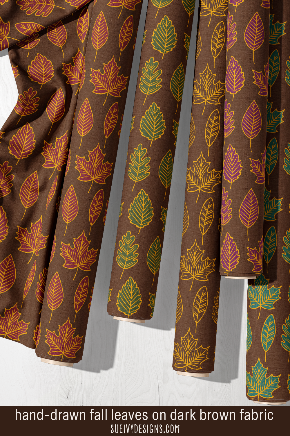 Hand drawn Leaves fabric in the Gilded Autumn fall fabric collection colorways by Sue Ivy Designs.