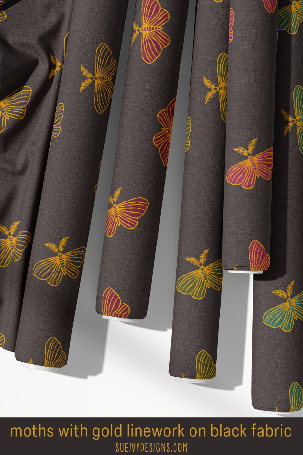 Tossed moth fabric colorway sampler, Nocturnal Halloween Garden collection by Sue Ivy Designs.