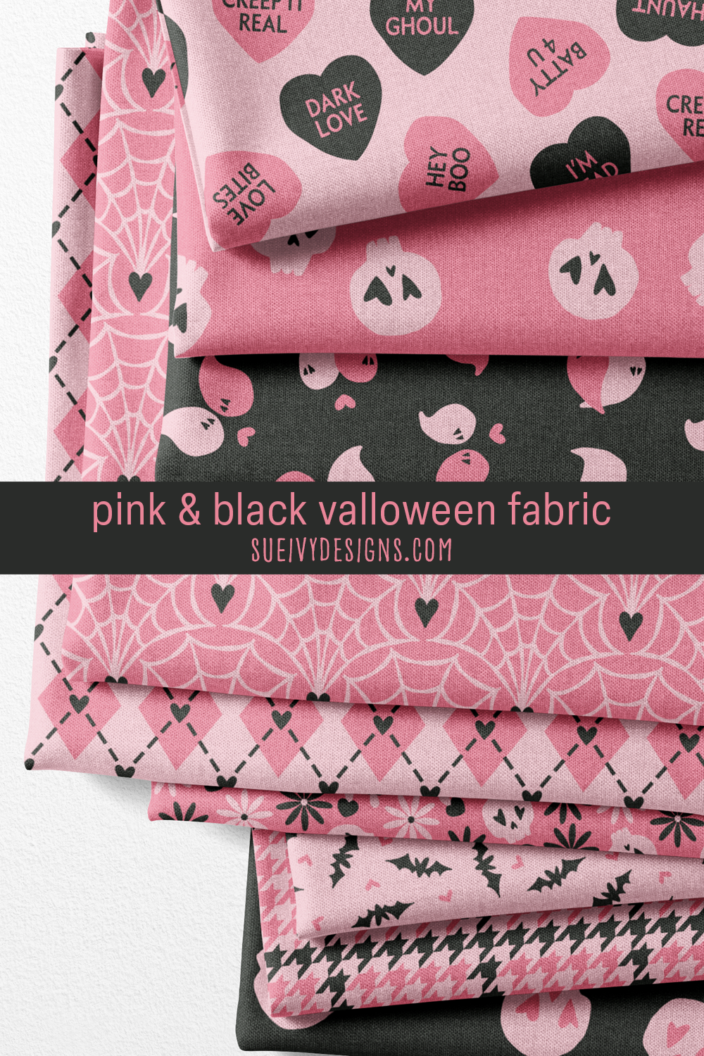 Skulls, ghosts, bats, and spiderwebs in soft black and peachy pink, nine fat quarters for pink goth zipper pouches