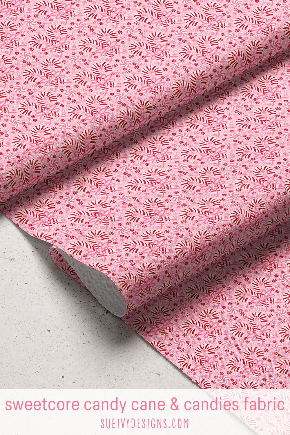 Candy cane and candies damask in red and pink on light pink — sweetcore Christmas quilting fabric.