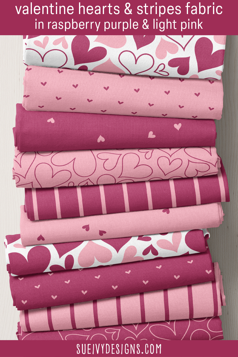 Ten fat quarters of hearts and stripes in raspberry purple and light pink, for a bolder quilt.