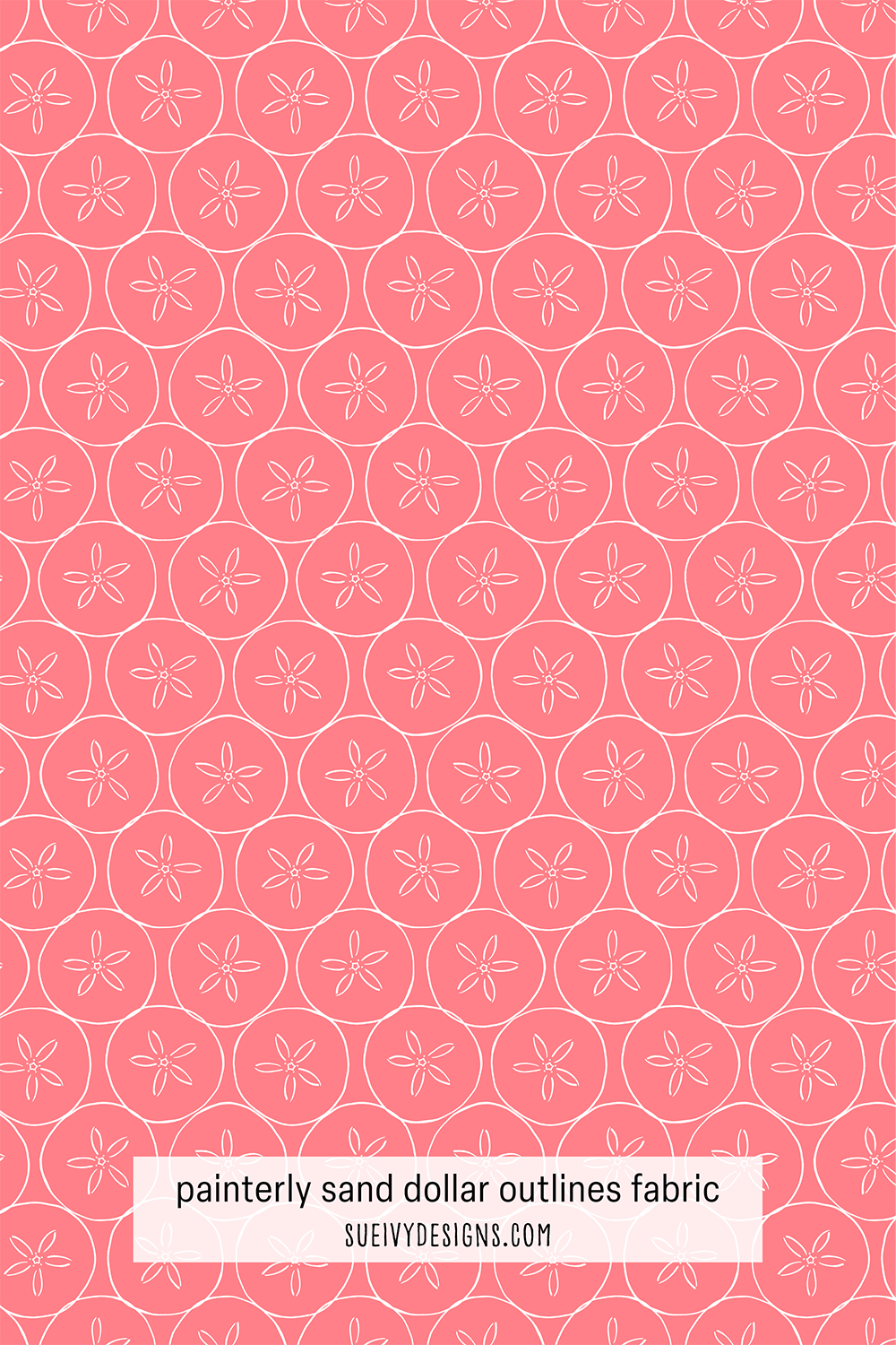Painterly sand dollar outline fabric print in coral pink by Sue Ivy Designs, perfect for quilting and coastal home décor