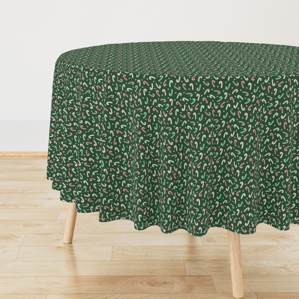 Tablecloth in red, pink, mint & green candy canes and snowflakes on dark green.