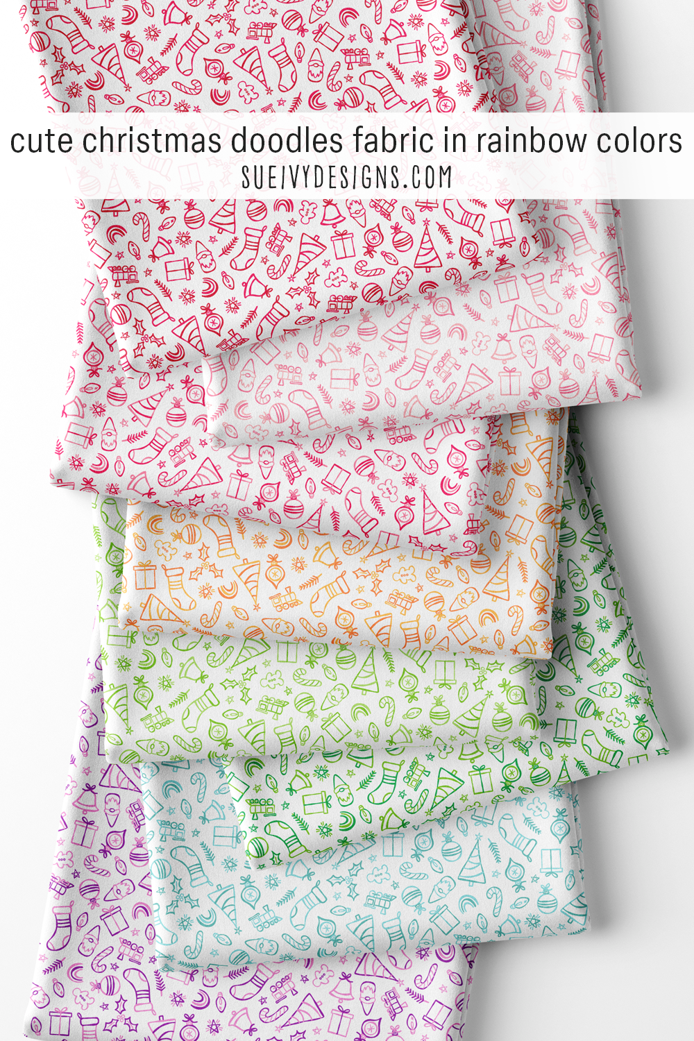 Eight color families of the doodles on white — a full rainbow — for scrappy Christmas quilting.