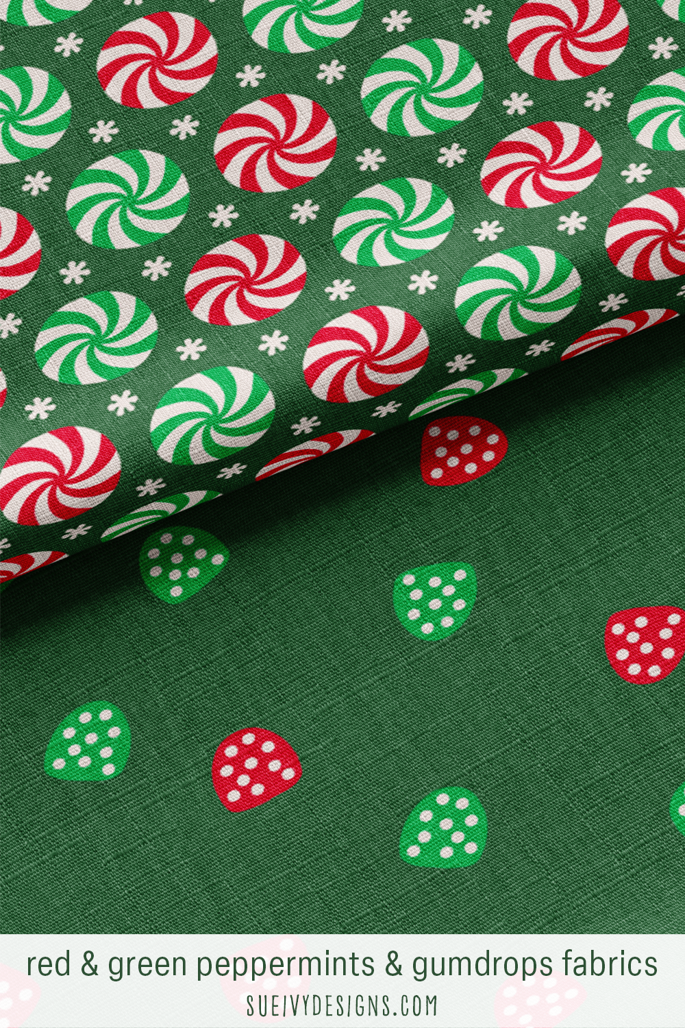 Red and green peppermint swirls and gumdrops on dark green — 2 Candy Cane Lane Christmas blender fabrics.