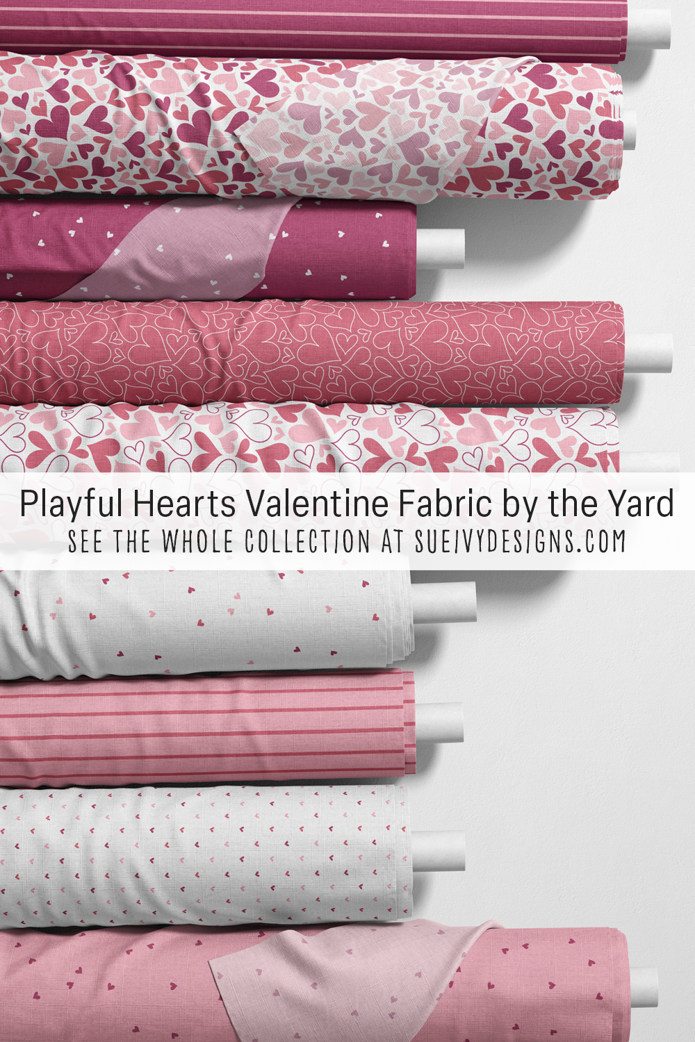 Playful Hearts on nine rolls: hearts and stripes in raspberry purple, berry pink, and light pink, for Valentine gifts to sew.