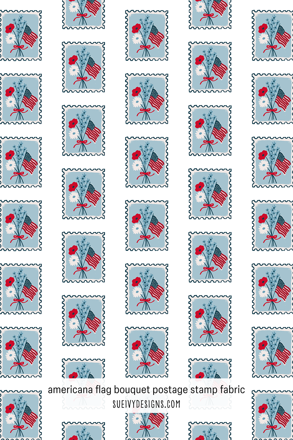 Patriotic postage stamp fabric print in red, white, and blue by Sue Ivy Designs, perfect for quilting and apparel