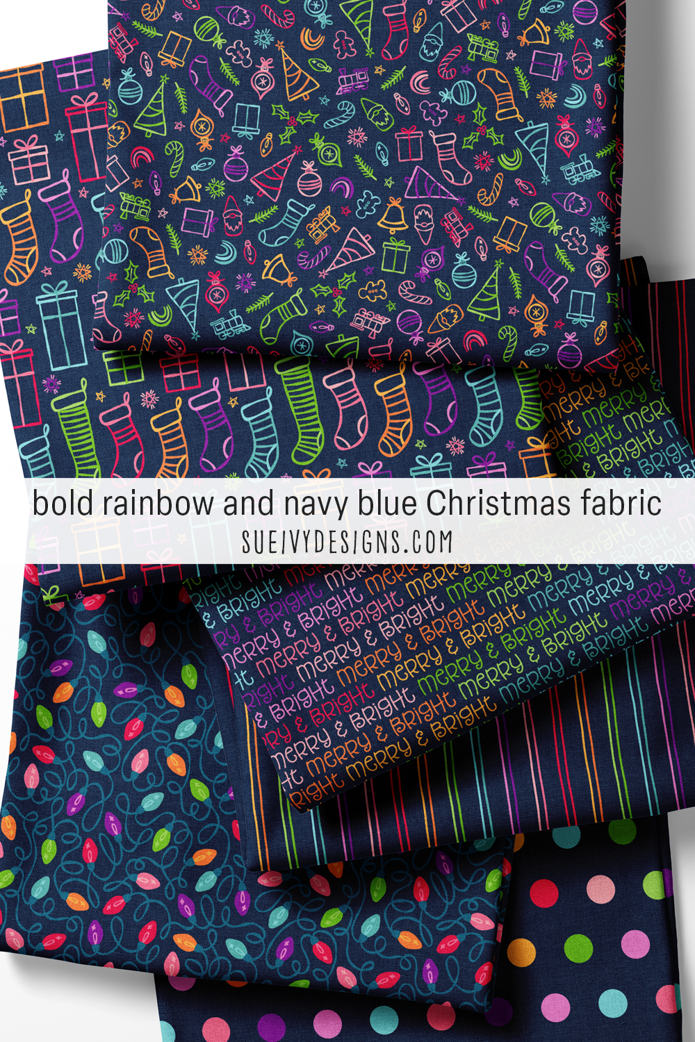 The rainbow colorway on navy — doodles, stockings, string lights, and blenders, for a Christmas-Eve-dark quilt.