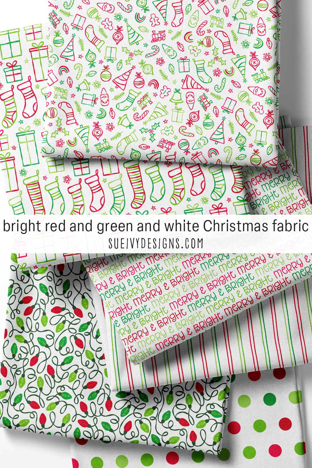 The red and green colorway on white — doodles, stockings, lights, and blenders, for a Christmas-morning quilt.