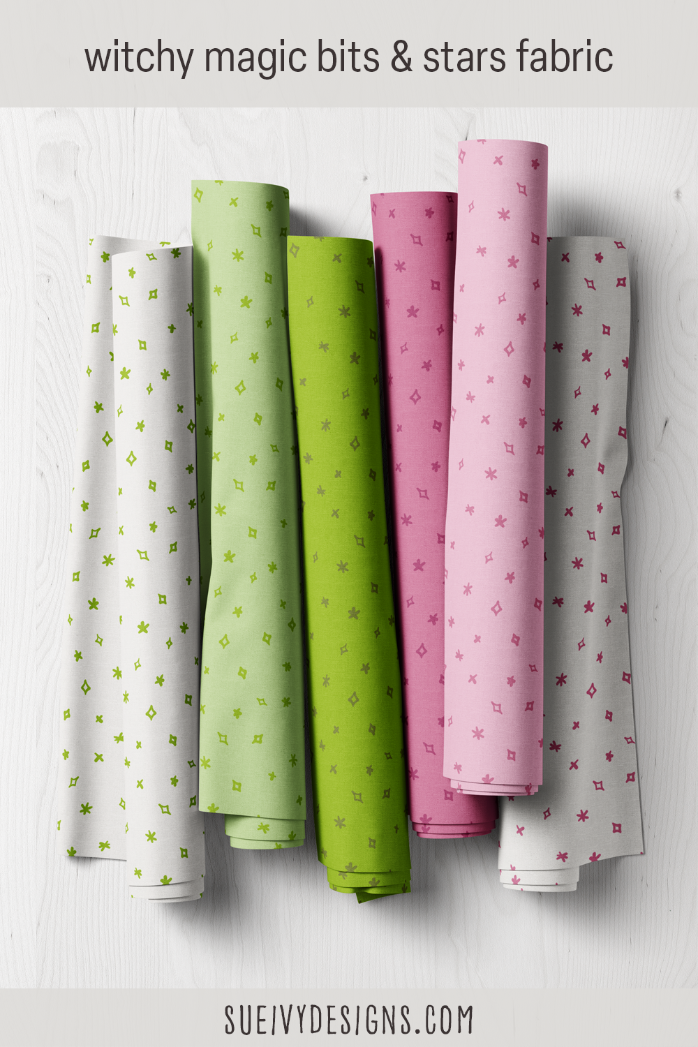 Small-scale star and magic bit blender in six colorways, green and raspberry purple on light grounds — quilting cotton.