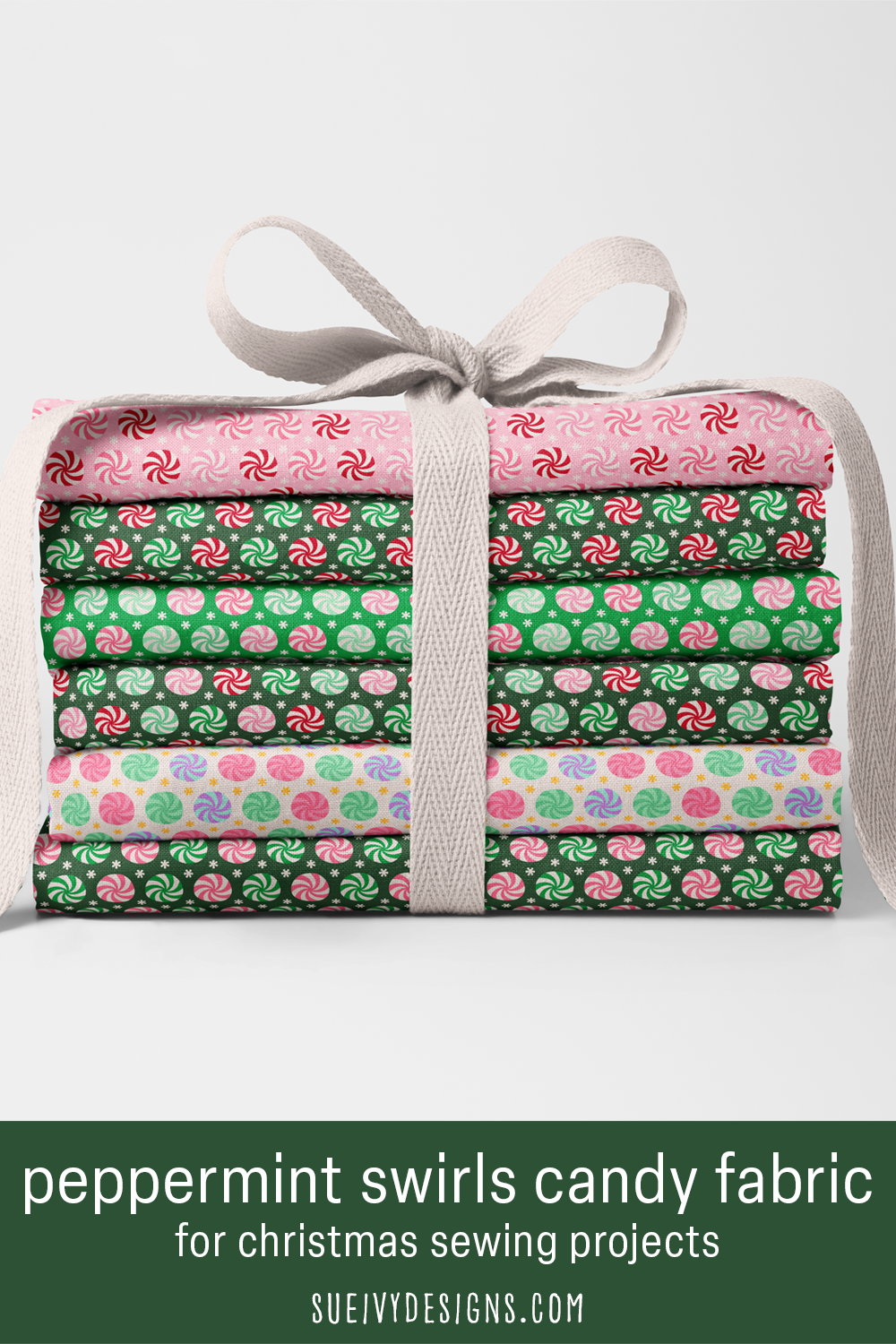 Peppermint swirl candies and snowflakes in all six colorways, pastel to classic — Christmas fabric.