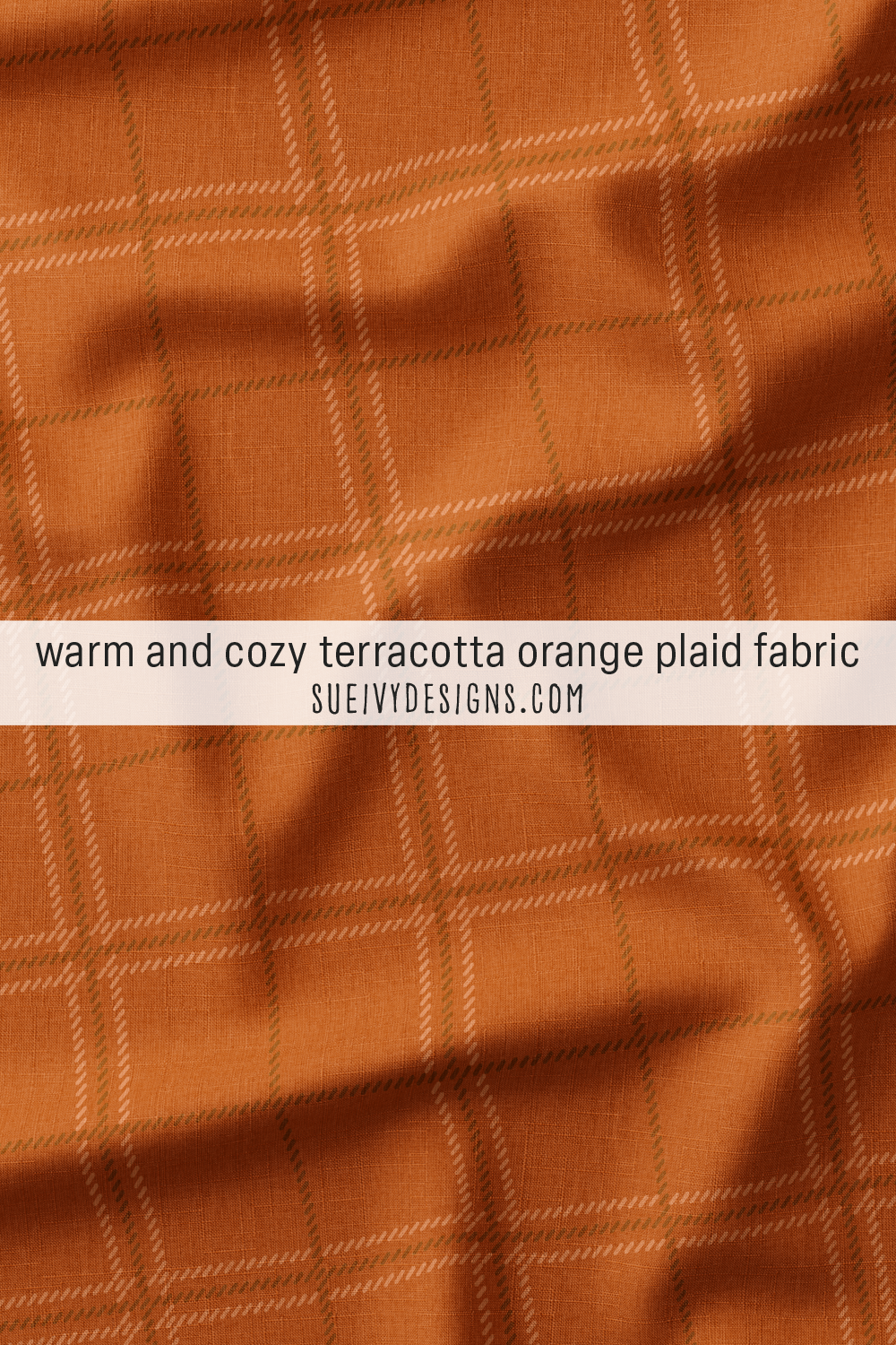 Warm terracotta orange windowpane plaid — angled dashed lines mimic a twill texture — home decor fabric