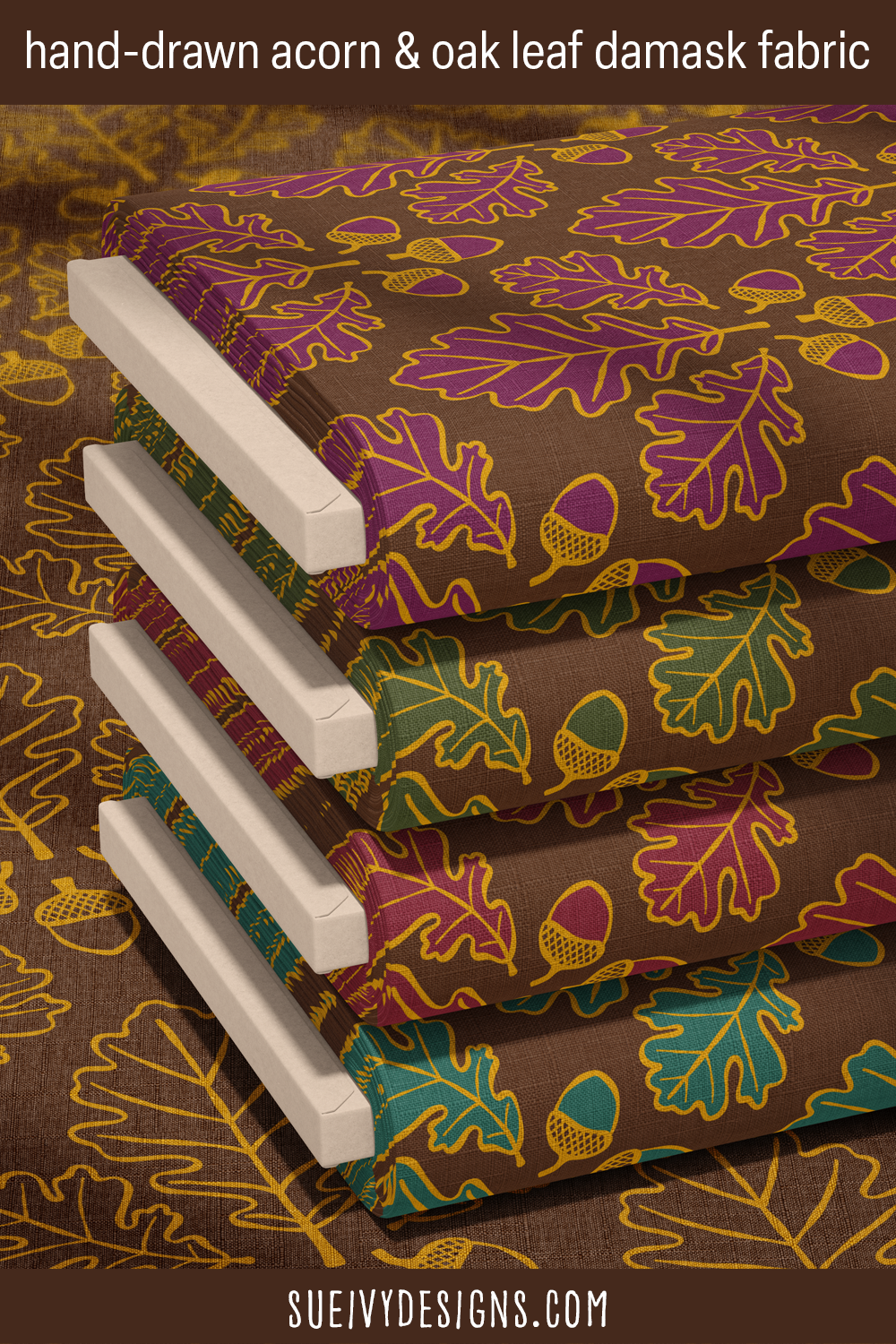 Acorn & oak leaf damask fabric in the Gilded Autumn fall fabric collection colorways by Sue Ivy Designs.