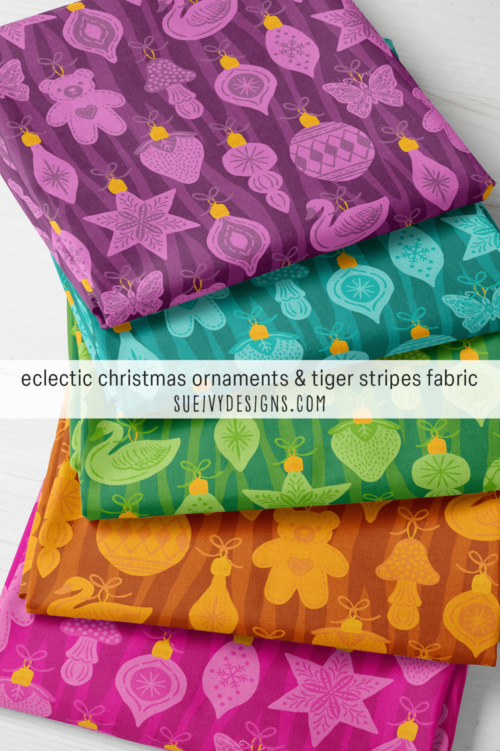 Five color families with light ornaments on a dark tiger-striped ground — Merry Maximalist Christmas quilting fabric.