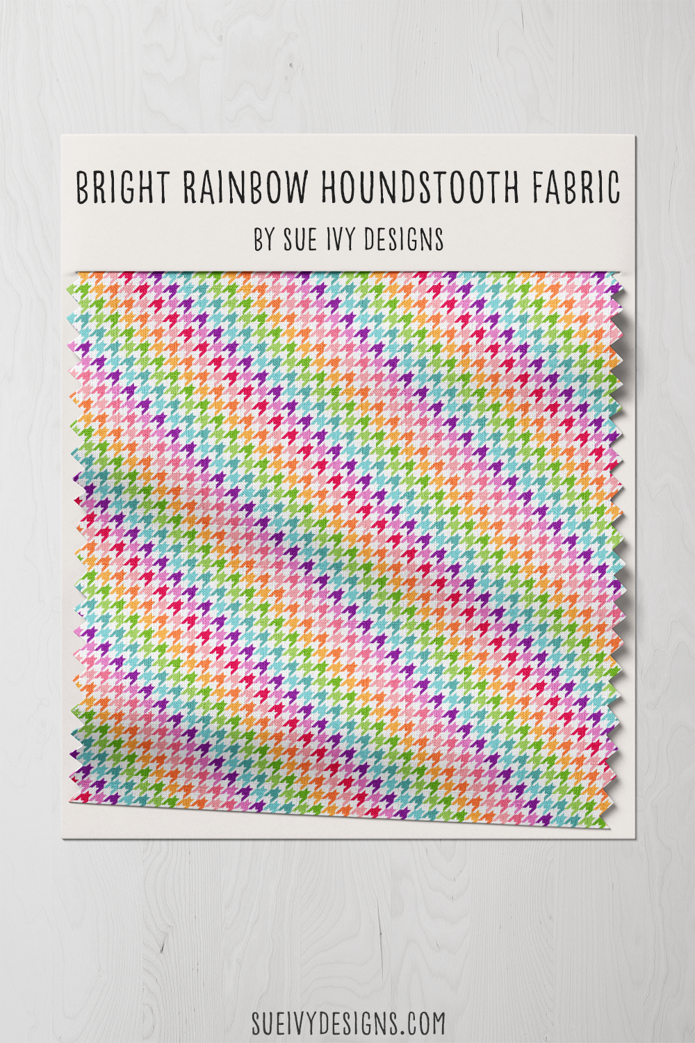 The rainbow multicolor houndstooth alone, a single swatch of the small geometric in every bright color. Holiday cotton.
