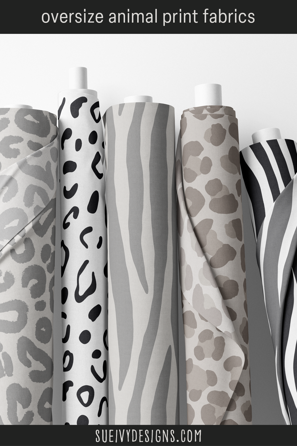 Oversize animal print fabrics from Animal Prints — Neutrals — XL snow leopard, tiger, leopard, and zebra in mixed neutral tones.