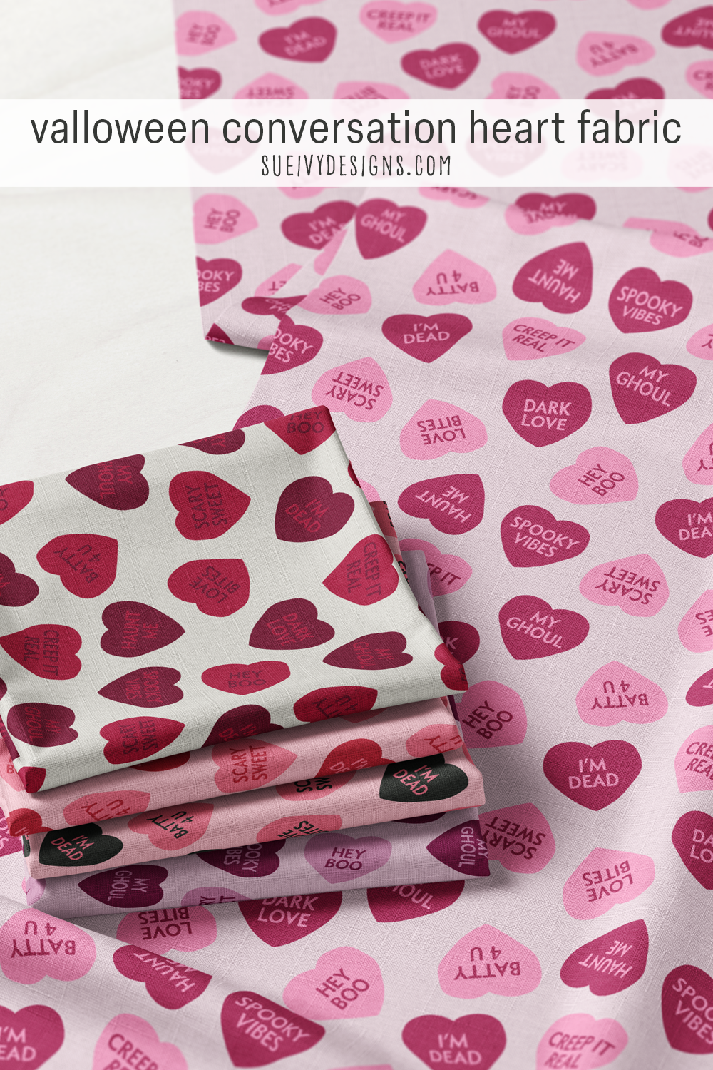Hearts stamped haunt me, hey boo, and spooky vibes, in five colorways including purple and pink & red, for a Ghoulentine's Day banner