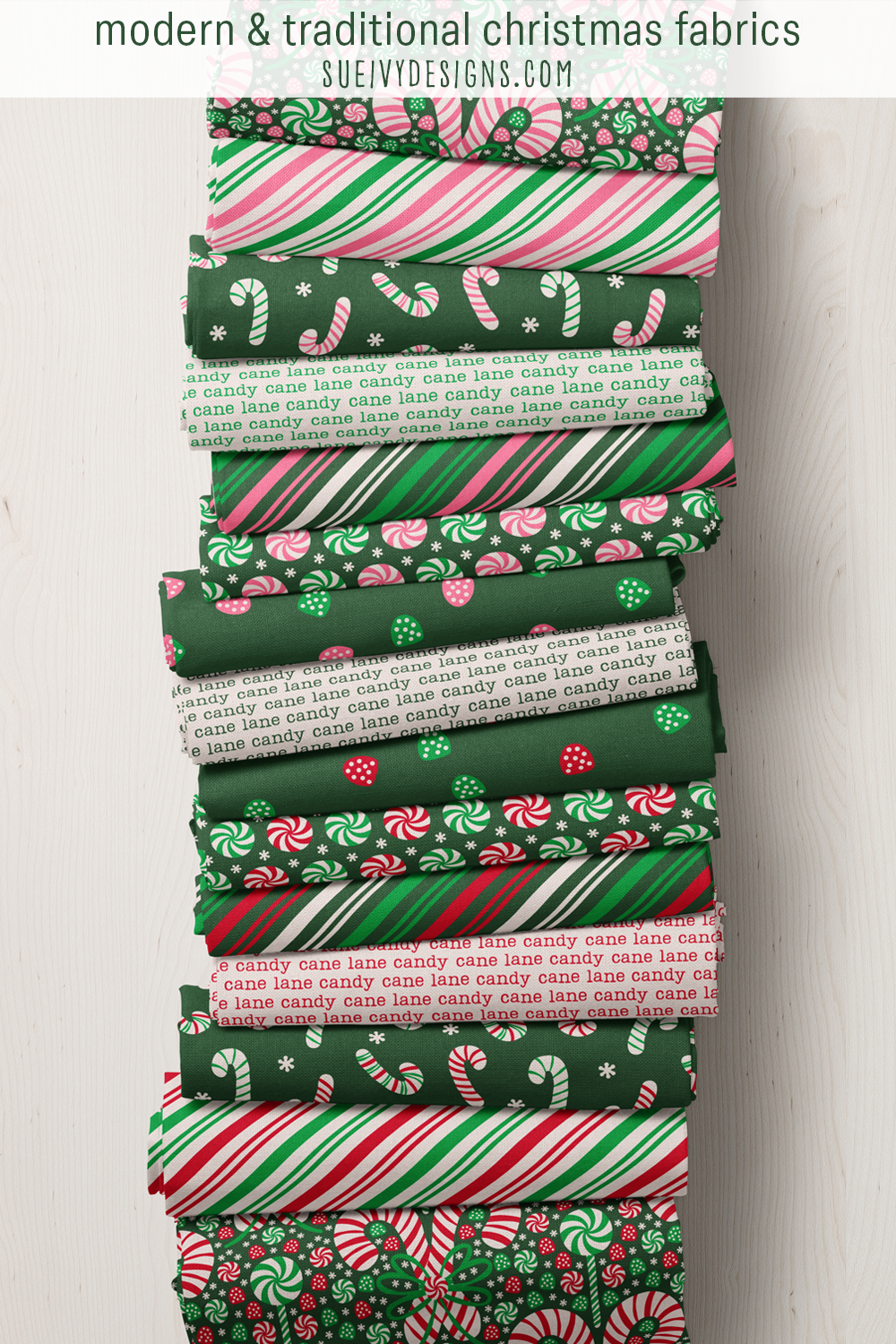 Candy Cane Lane Christmas quilting fabric in modern pink-and-green and traditional red-and-green colorways.
