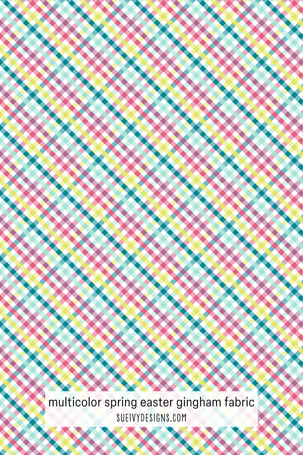 Multicolor spring gingham fabric print in pink, teal, and yellow by Sue Ivy Designs, perfect for quilting and apparel