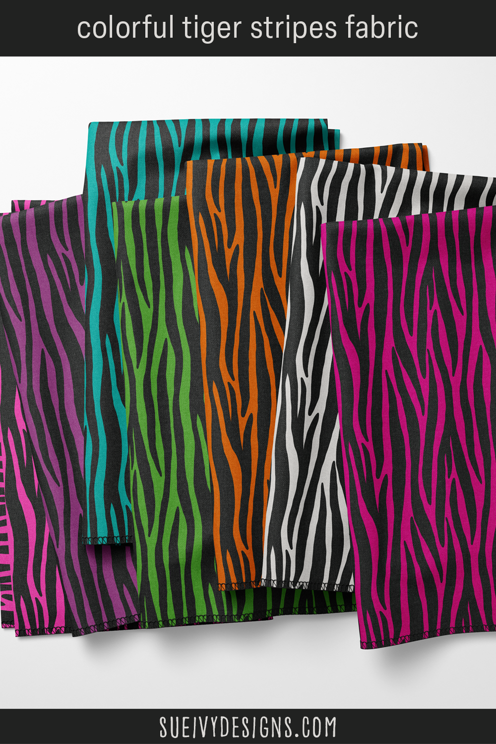 Seven black-and-color tiger stripe pairings across the rainbow — a bold animal-print blender in fabric for quilting and sewing.