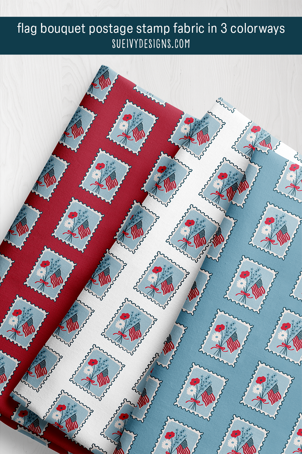American flag bouquet postage stamp fabric in 3 colorways by Sue Ivy Designs