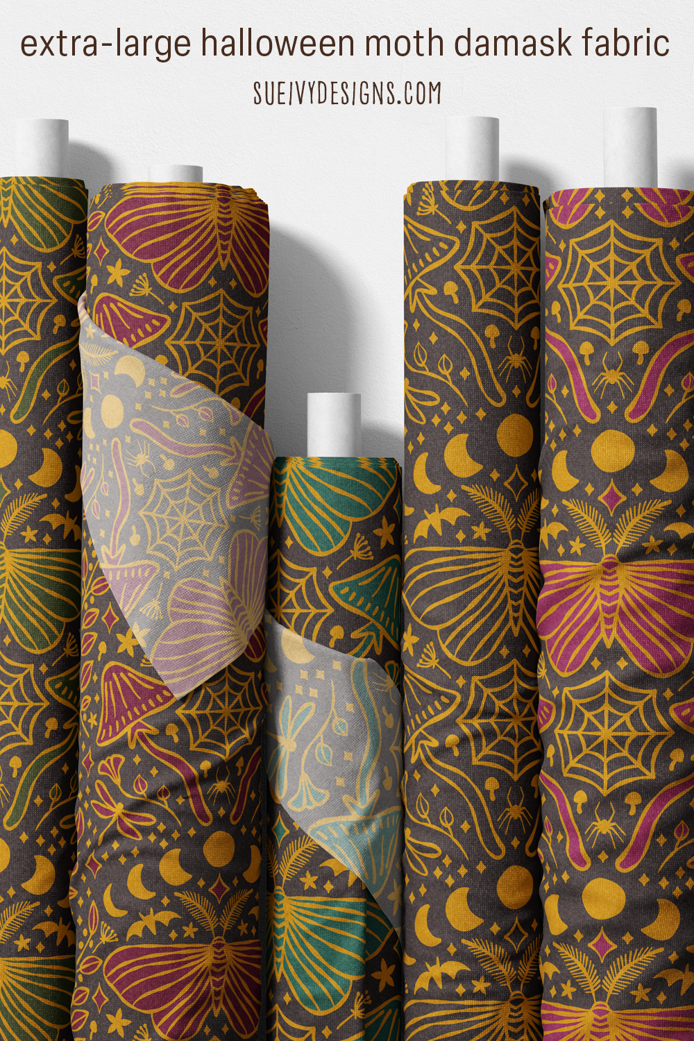Extra-large moth & mushroom damask fabric, Nocturnal Halloween Garden collection by Sue Ivy Designs.