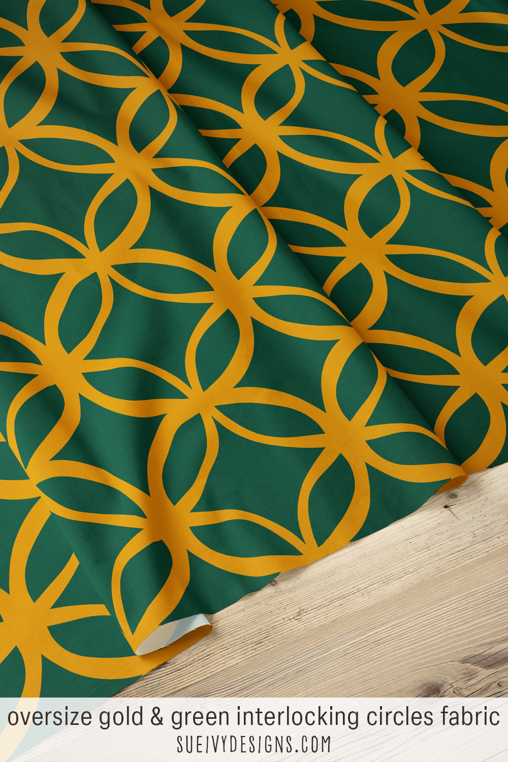 Oversize forest-green interlocking circles, a large gold lattice on a deep ground — for winter home decor sewing.