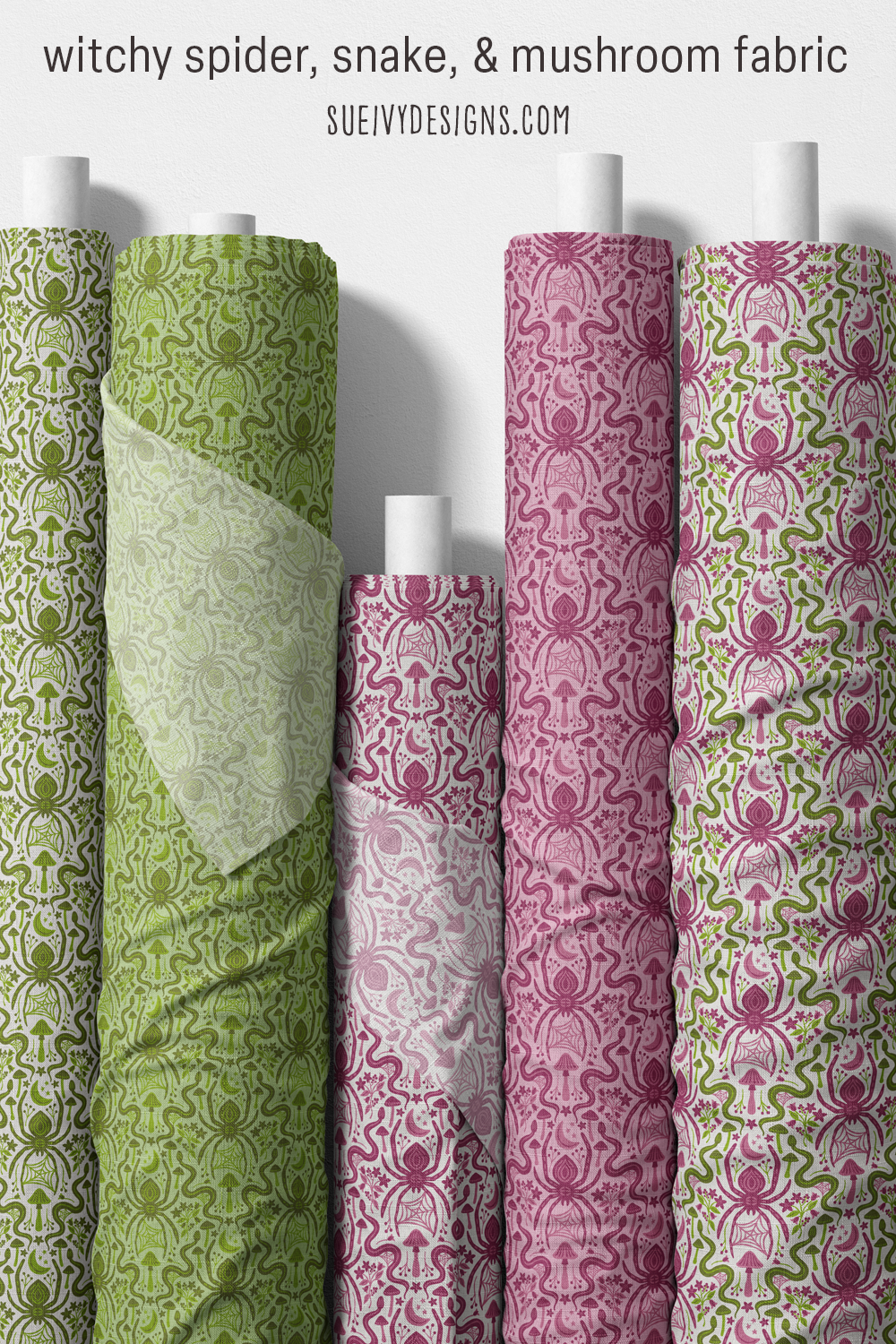 Five colorways of a spider, snake and mushroom damask on light gray, light green and pale raspberry purple quilting cotton.
