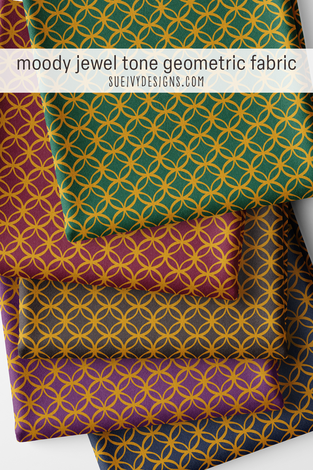 Interlocking-circle lattice in gold on five dark grounds — wine, forest green, navy, purple, and warm black — blenders for quilting.