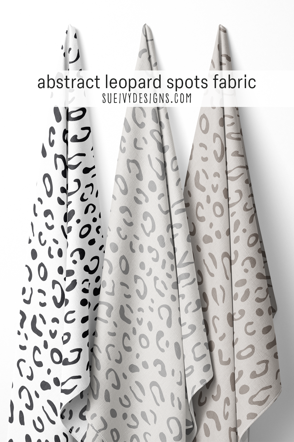 Abstract leopard spots fabric in three neutral colorways — black and white, gray, and taupe — for quilting.